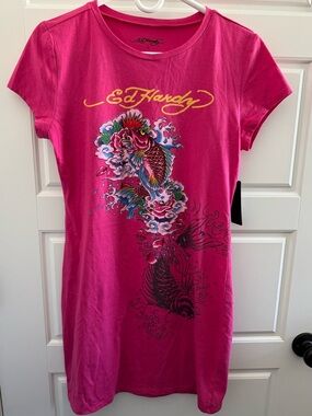 NWT Ed Hardy Koi Baby Tee T-Shirt Dress, Hot Pink, Size Large